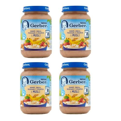 Miniaturka artykułu - Zestaw 4 x Gerber Banany jabłka truskawki z jogurtem i musli po 8. miesiącu, 190 g