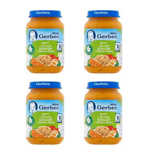 Miniaturka artykułu - ZESTAW 4 x GERBER Veggie Bataty z ż&oacute;łtkiem, kuskusem i czerwoną papryką, 190g