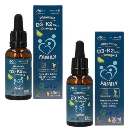 Miniaturka artykułu - Zestaw AX MED Witamina D3+K2 MK-7+Omega-3 Family Krople dla dzieci i dorosłych, 2 x 30 ml