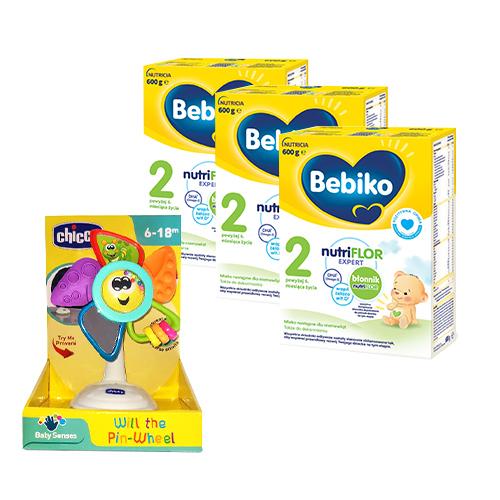 Miniaturka artykułu - Zestaw Bebiko 2 NUTRIflor Expert Mleko następne dla niemowląt powyżej 6. miesiąca życia, 3x 600g + CHICCO Wiatraczek z przyssawką 6-18 m