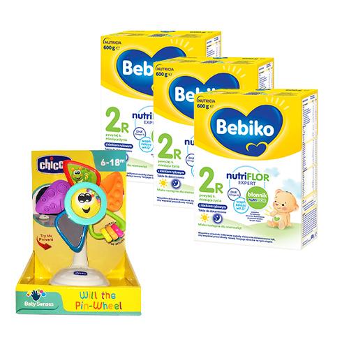 Miniaturka artykułu - Zestaw Bebiko 2R Mleko następne dla niemowląt powyżej 6. miesiąca życia, 3x 600g + CHICCO Wiatraczek z przyssawką 6-18 m
