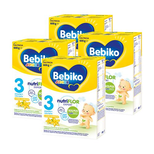 Miniaturka artykułu - Zestaw Bebiko Junior 3 NUTRIflor Expert Odżywcza formuła na bazie mleka dla dzieci powyżej 1. roku o smaku waniliowym, 4 x 600 g