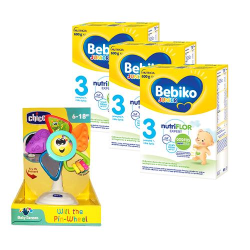 Miniaturka artykułu - Zestaw Bebiko Junior 3 NUTRIflor Expert Odżywcza formuła na bazie mleka dla dzieci powyżej 1. roku życia, 3x 600g + CHICCO Wiatraczek z przyssawką 6-18 m