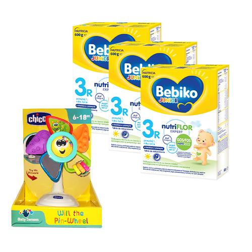 Miniaturka artykułu - Zestaw Bebiko Junior 3R NUTRIflor Expert Odżywcza formuła na bazie mleka dla dzieci powyżej 1. roku życia, 3x 600g + CHICCO Wiatraczek z przyssawką 6-18 m