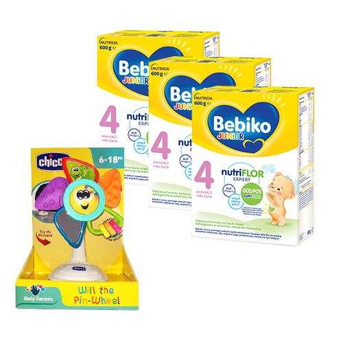Miniaturka artykułu - Zestaw Bebiko Junior 4 NUTRIflor Expert Odżywcza formuła na bazie mleka dla dzieci powyżej 2. roku życia, 3x 600g + CHICCO Wiatraczek z przyssawką 6-18 m