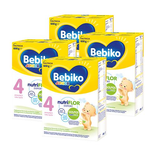 Miniaturka artykułu - Zestaw Bebiko Junior 4 NUTRIflor Expert Odżywcza formuła na bazie mleka dla dzieci powyżej 2. roku życia, 4 x 600 g