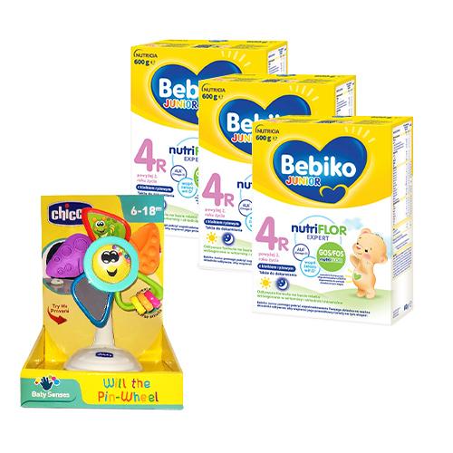 Miniaturka artykułu - Zestaw Bebiko Junior 4R Odżywcza formuła na bazie mleka dla małych dzieci powyżej 2. roku życia, 3x600g +  CHICCO Wiatraczek z przyssawką 6-18 m