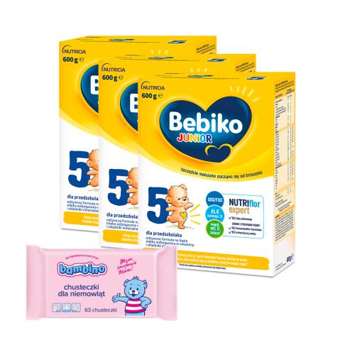 Miniaturka artykułu - Zestaw Bebiko Junior 5 NUTRIflor Expert Odżywcza formuła na bazie mleka dla przedszkolaka, 3x 600g + BAMBINO Chusteczki dla niemowląt, 63szt.