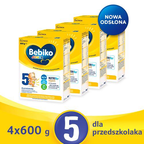Miniaturka artykułu - Zestaw Bebiko Junior 5 NUTRIflor Expert Odżywcza formuła na bazie mleka dla przedszkolaka, 4 x 600 g