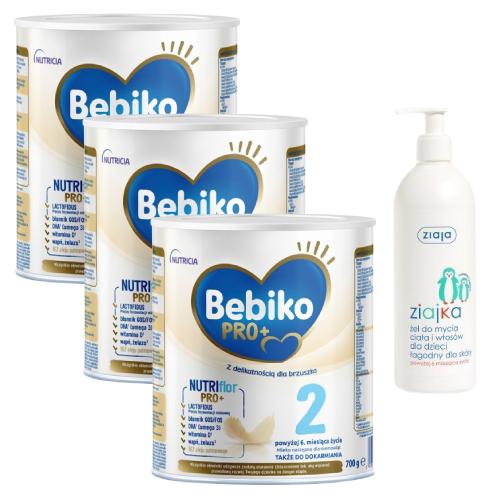 Miniaturka artykułu - Zestaw Bebiko Pro+ 2 Mleko modyfikowane dla dzieci powyżej 6. miesiąca życia, 3 x 700 g + Ziaja Ziajka Żel do mycia ciała i włosów dla dzieci, 400 ml
