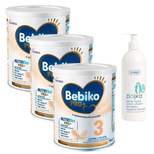 Miniaturka artykułu - Zestaw Bebiko Pro+ 3 Mleko modyfikowane dla dzieci powyżej 1. roku życia, 3 x 700 g + Ziaja Ziajka Żel do mycia ciała i włosów dla dzieci, 400 ml