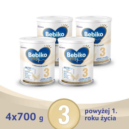 Miniaturka artykułu - Zestaw Bebiko Pro+ 3 Mleko modyfikowane dla dzieci powyżej 1. roku życia, 4x 700g