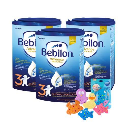 Miniaturka artykułu - Zestaw Bebilon 3 Pronutra Junior Formuła na bazie mleka po 1. roku życia, 3 x 800 g + Canpol Babies zestaw zabawek do kąpieli z przyssawkami, 5 szt.
