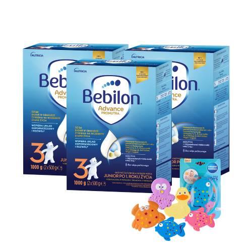 Miniaturka artykułu - Zestaw Bebilon 3 z Pronutra Advance proszek, 3 x 1000 g + Canpol Babies zestaw zabawek do kąpieli z przyssawkami, 5 szt.