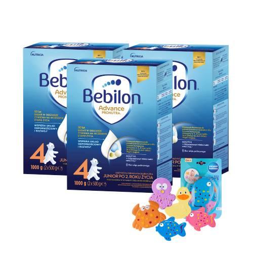 Miniaturka artykułu - Zestaw Bebilon 4 Pronutra Advance proszek, 3 x 1000 g + Canpol Babies zestaw zabawek do kąpieli z przyssawkami, 5 szt.