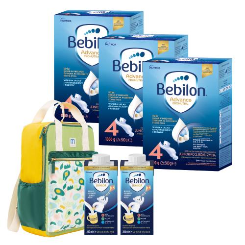 Miniaturka artykułu - Zestaw Bebilon 4 Pronutra Junior Formuła na bazie mleka po 2. roku życia, 3 x 1000 g + kolorowy plecak Mustela z dwoma mlekami Bebilon Junior, 200 ml