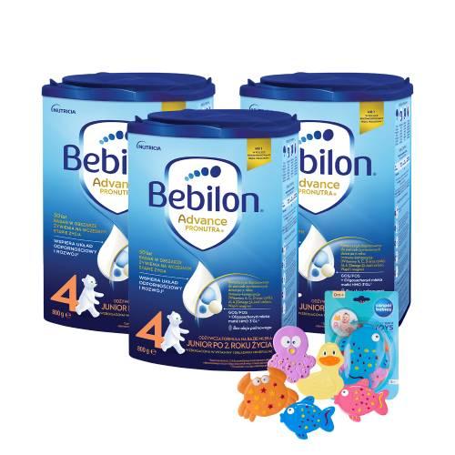 Miniaturka artykułu - Zestaw Bebilon 4 Pronutra Junior Formuła na bazie mleka po 2. roku życia, 3 x 800 g + Canpol Babies zestaw zabawek do kąpieli z przyssawkami, 5 szt.