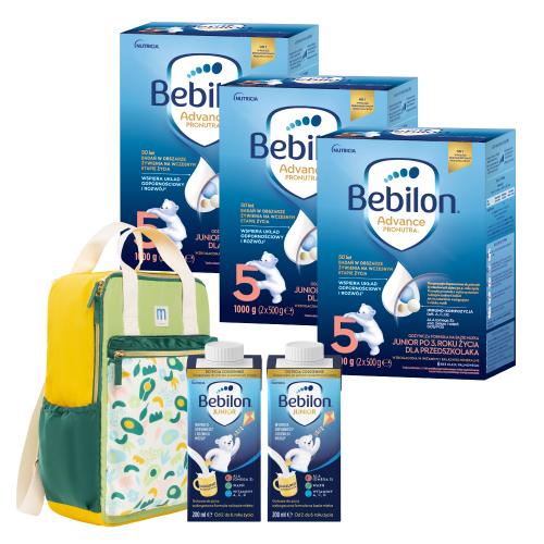 Miniaturka artykułu - Zestaw Bebilon 5 Advance Pronutra Junior Formuła na bazie mleka dla przedszkolaka, 1000 g + kolorowy plecak Mustela z dwoma mlekami Bebilon Junior, 200 ml