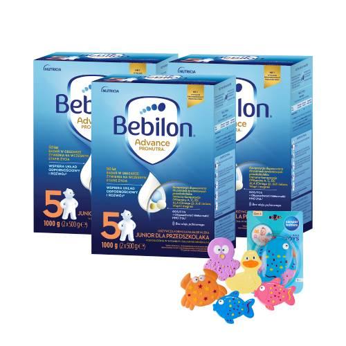 Miniaturka artykułu - Zestaw Bebilon 5 Advance Pronutra Junior Formuła na bazie mleka dla przedszkolaka, 3 x 1000 g + Canpol Babies zestaw zabawek do kąpieli z przyssawkami, 5 szt.