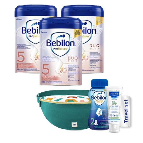 Miniaturka artykułu - Zestaw Bebilon Profutura Duobiotik 5 Formuła na bazie mleka dla przedszkolaka, 3 x 800 g + Travel Set
