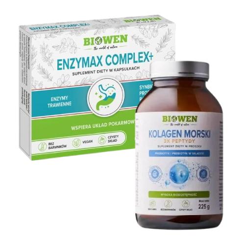 Miniaturka artykułu - Zestaw Biowen Kolagen morski typu I i III z dzikiego dorsza proszek, 225 g + Enzymax Complex+, 15 kaps.