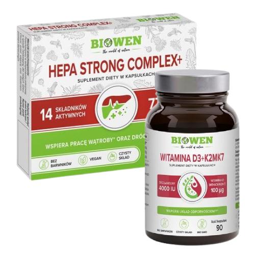 Miniaturka artykułu - Zestaw Biowen Witamina D3+K2MK7, 90 kaps. + Hepa Strong Complex+, 15 kaps.