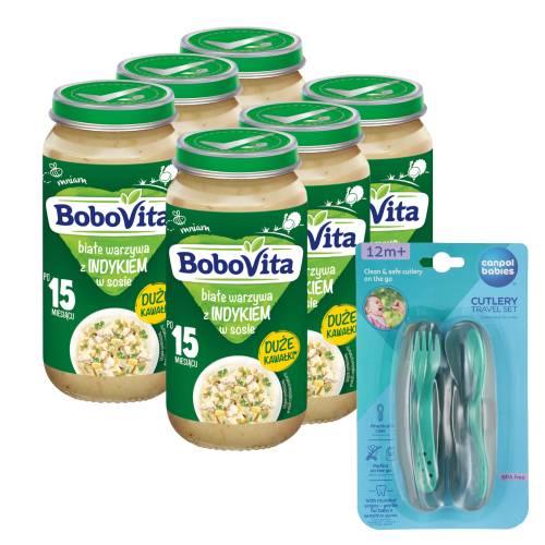Miniaturka artykułu - Zestaw BoboVita Białe warzywa z indykiem w sosie po 15 miesiącu, 6 x 250 g + Canpol Babies Zestaw sztućc&oacute;w w etui, 1 szt.