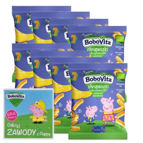 Miniaturka artykułu - Zestaw BoboVita Bio Chrupeczki kukurydziane wyśmienicie bananowe, 8 x 20 g + Gra Memory "Odkryj zawody z Peppą"