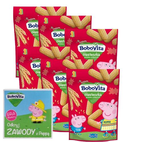 Miniaturka artykułu - Zestaw BoboVita Chrupiące ciasteczka pszenno-orkiszowe, 6 x 150 g + Gra Memory "Odkryj zawody z Peppą"