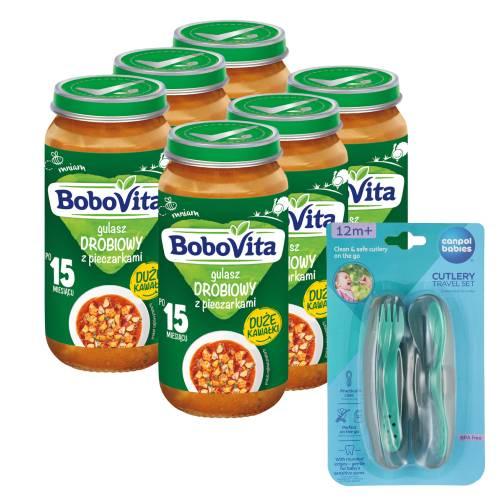 Miniaturka artykułu - Zestaw BoboVita Gulasz drobiowy z pieczarkami po 15 miesiącu, 6 x 250 g + Canpol Babies Zestaw sztućc&oacute;w w etui, 1 szt.