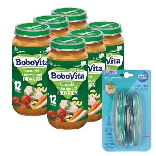 Miniaturka artykułu - Zestaw BoboVita Kluseczki z warzywami i indykiem po 12 miesiącu, 6 x 250 g + Canpol Babies Zestaw sztućc&oacute;w w etui, 1 szt.