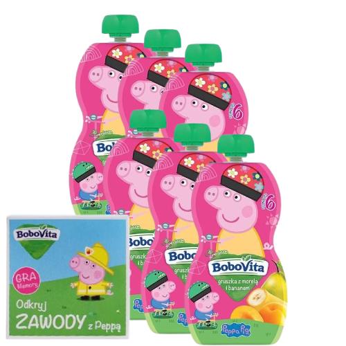 Miniaturka artykułu - Zestaw BoboVita Peppa Pig Mus gruszka z bananem i morelą 6m+, 6 x 100 g + Gra Memory "Odkryj zawody z Peppą"