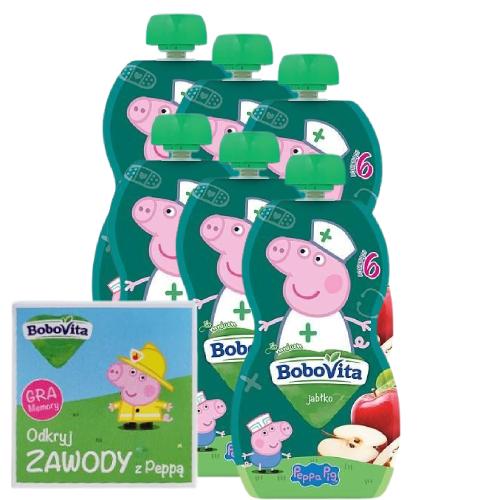 Miniaturka artykułu - Zestaw BoboVita Peppa Pig Mus jabłko 6m+, 6 x 100 g + Gra Memory "Odkryj zawody z Peppą"