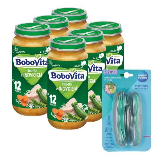 Miniaturka artykułu - Zestaw BoboVita Risotto z indykiem po 12 miesiącu, 6 x 250 g + Canpol Babies Zestaw sztućc&oacute;w w etui, 1 szt. 