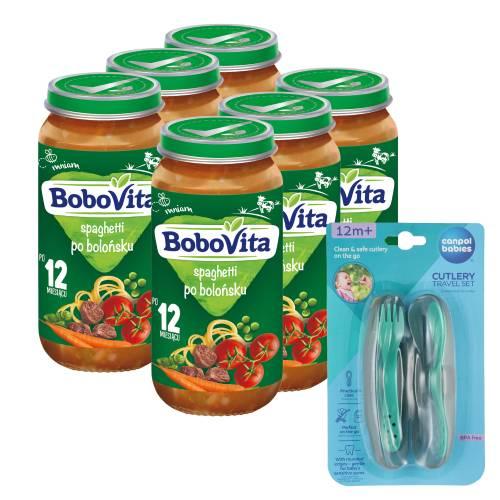 Miniaturka artykułu - Zestaw BoboVita Spaghetti po bolońsku po 12 miesiącu, 6 x 250 g + Canpol Babies Zestaw sztućc&oacute;w w etui, 1 szt.