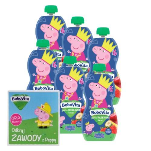 Miniaturka artykułu - Zestaw BoboVita Świnka Peppa Mus jabłko i truskawki z bananem 6m+, 6 x 100 g + Gra Memory "Odkryj zawody z Peppą"