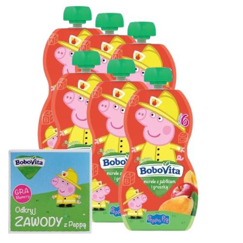 Miniaturka artykułu - Zestaw BoboVita Świnka Peppa Mus morele z jabłkiem i gruszką 6m+, 6 x 100 g + Gra Memory "Odkryj zawody z Peppą"