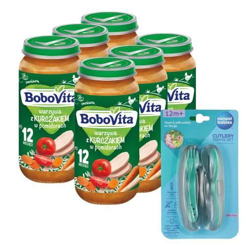 Miniaturka artykułu - Zestaw BoboVita Warzywa z kurczakiem w pomidorach po 12 miesiącu, 6 x 250 g + Canpol Babies Zestaw sztućc&oacute;w w etui, 1 szt. 