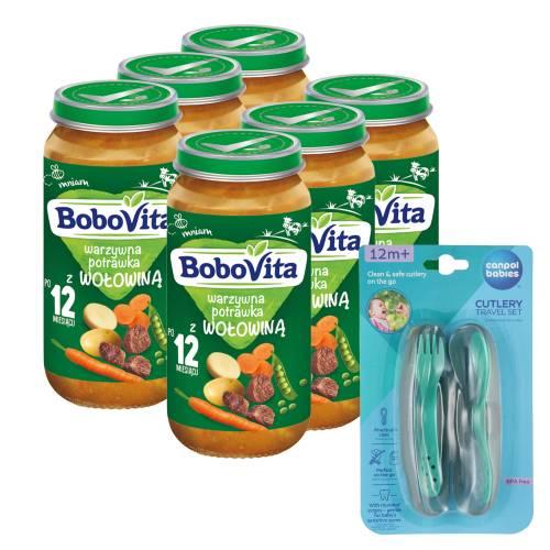 Miniaturka artykułu - Zestaw BoboVita Warzywna potrawka z wołowiną po 12 miesiącu, 6 x 250 g + Canpol Babies Zestaw sztućc&oacute;w w etui, 1 szt.