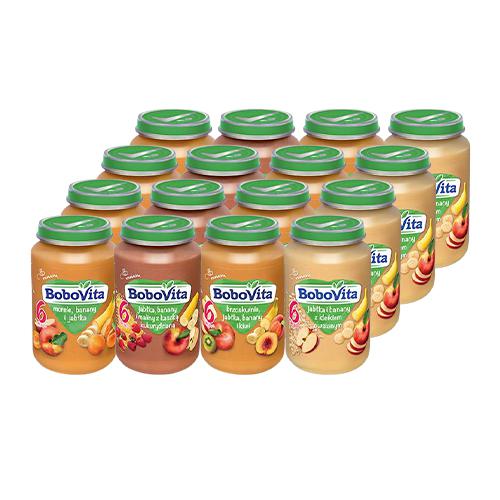 Miniaturka artykułu - Zestaw deserk&oacute;w Bobovita Przecier morele banany i jabłka, 4x 190g + Jabłka, banany i maliny z kleikiem kukurydzianym, 4x 190g + BoboVita deserek Brzoskwinie, jabłka, banany i kiwi, 4x 190g + Jabłka i banany z kleikiem owsianym, 4x 190g