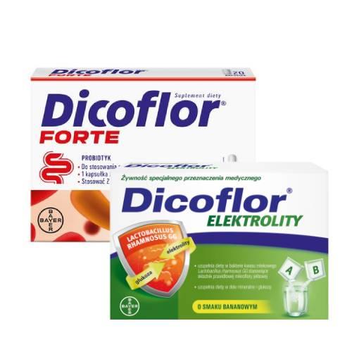 Miniaturka artykułu - Zestaw Dicoflor Forte probiotyk, 20 kaps. + Dicoflor Elektrolity o smaku bananowym, 6 porcji (12 sasz.)