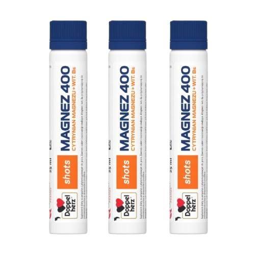 Zdjęcie produktu - Zestaw DOPPELHERZ SHOTS Magnez 400 cytrynian magnezu + witamina B6, 3 x 25 ml