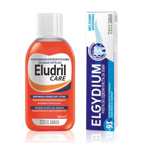 Miniaturka artykułu - Zestaw ELGYDIUM ANTI-PLAQUE pasta do zęb&oacute;w, 75ml +  Eludril CARE płyn do płukania jamy ustnej, 500ml