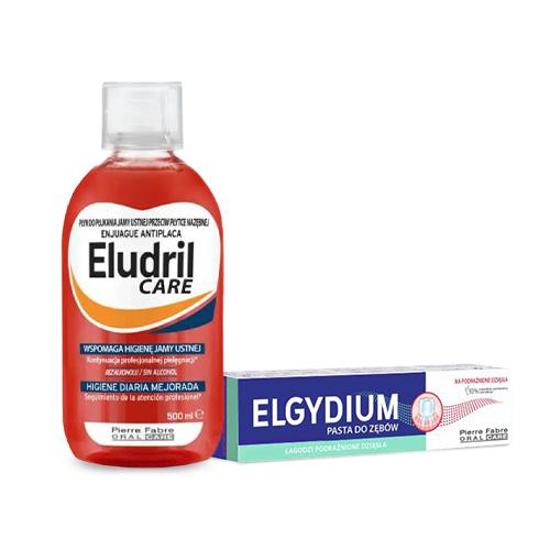 Miniaturka artykułu - Zestaw ELGYDIUM Na podrażnione dziąsła pasta do zęb&oacute;w, 75 ml + Eludril CARE płyn do płukania jamy ustnej, 500 ml