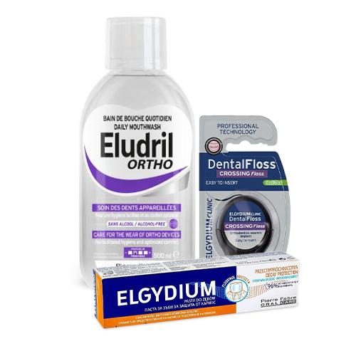 Miniaturka artykułu - Zestaw ELGYDIUM Przeciwpr&oacute;chnicowa pasta do zęb&oacute;w, 75 ml + Eludril ORTHO Płyn do płukania jamy ustnej, 500 ml + ELGYDIUM Dental Floss Nić dentystyczna, 30 odcink&oacute;w