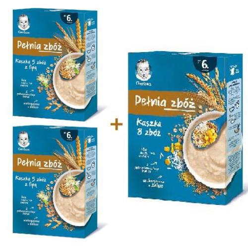 Miniaturka artykułu - Zestaw GERBER Pełnia Zb&oacute;ż Kaszka 5 zb&oacute;ż z lipą, 2x 200g + Kaszka 8 zb&oacute;ż po 6. miesiącu, 180g