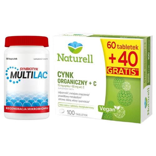 Miniaturka artykułu - Zestaw Multilac, 50 kaps. + Naturell Cynk Organiczny + C, 100 tabl.