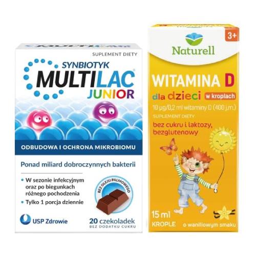 Miniaturka artykułu - Zestaw Multilac Junior, 20 czekoladek bez cukru + Naturell Witamina D dla dzieci w kroplach, 15 ml