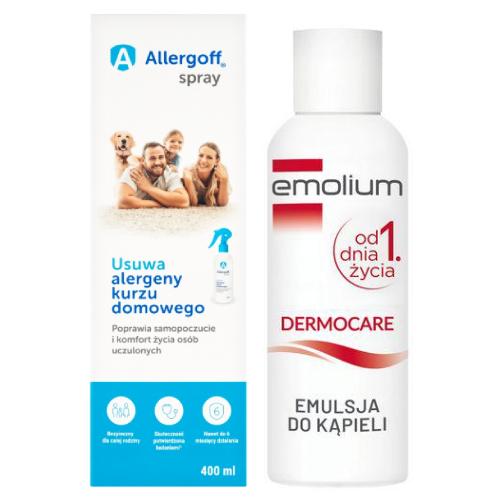 Miniaturka artykułu - Zestaw na AZS: Allergoff neutralizator alergen&oacute;w kurzu domowego spray, 400ml + Emolium Dermocare Emulsja do kąpieli, 400 ml