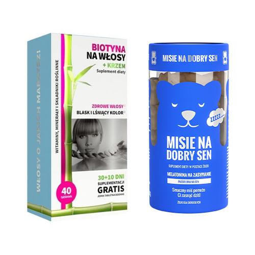 Miniaturka artykułu - Zestaw NOBLE HEALTH Misie na dobry sen, 300g + Biotyna na włosy + Krzem, 40 tabletek